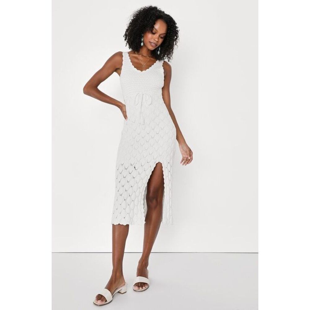 Lulus Sunny Daydreams White Sleeveless Crochet Midi Sweater Dress - Size S